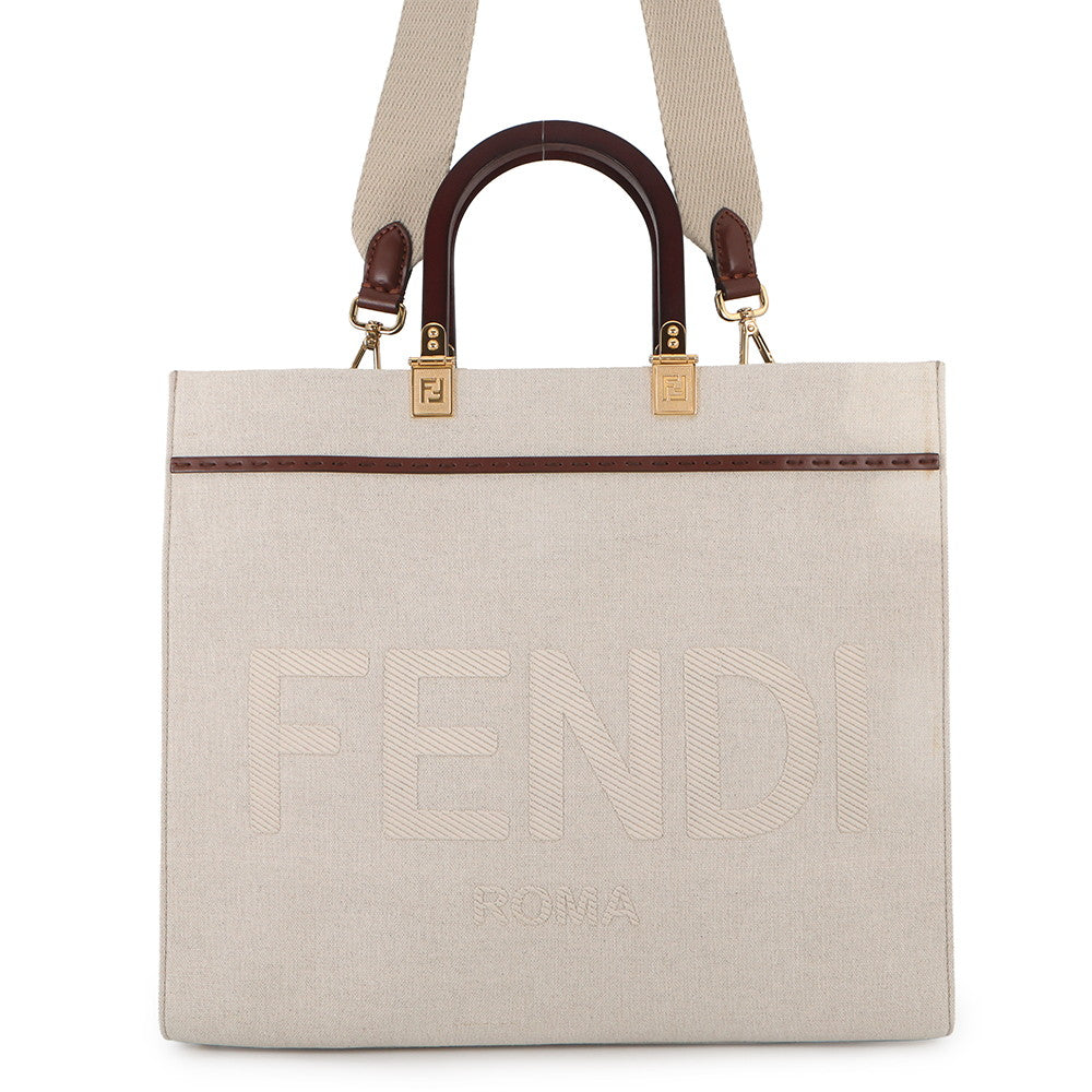 FENDI Sunshine Tote Bag Ivory/Brown8BH386 Canvas Leather Size Medium