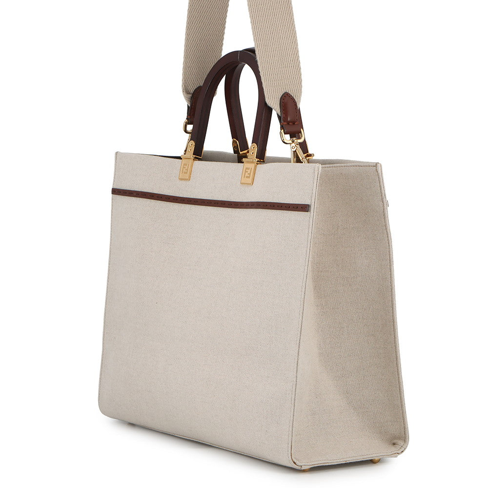 FENDI Sunshine Tote Bag Ivory/Brown8BH386 Canvas Leather Size Medium
