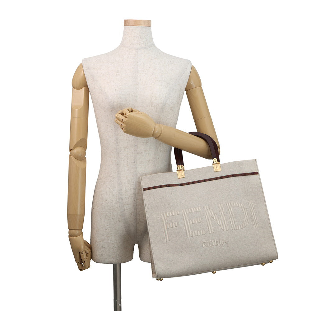 FENDI Sunshine Tote Bag Ivory/Brown8BH386 Canvas Leather Size Medium