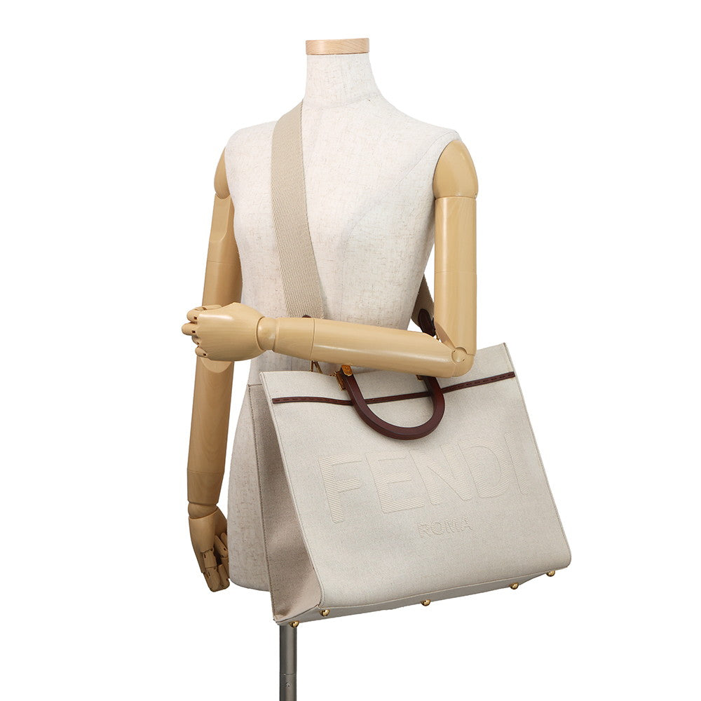 FENDI Sunshine Tote Bag Ivory/Brown8BH386 Canvas Leather Size Medium
