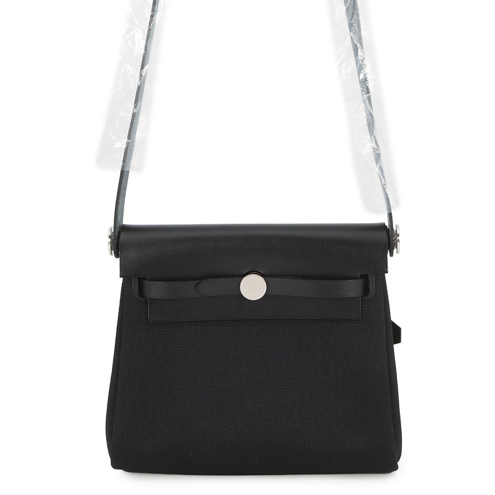 HERMES Herbag zip Black Toile H Vache Hunter Leather Size Mini