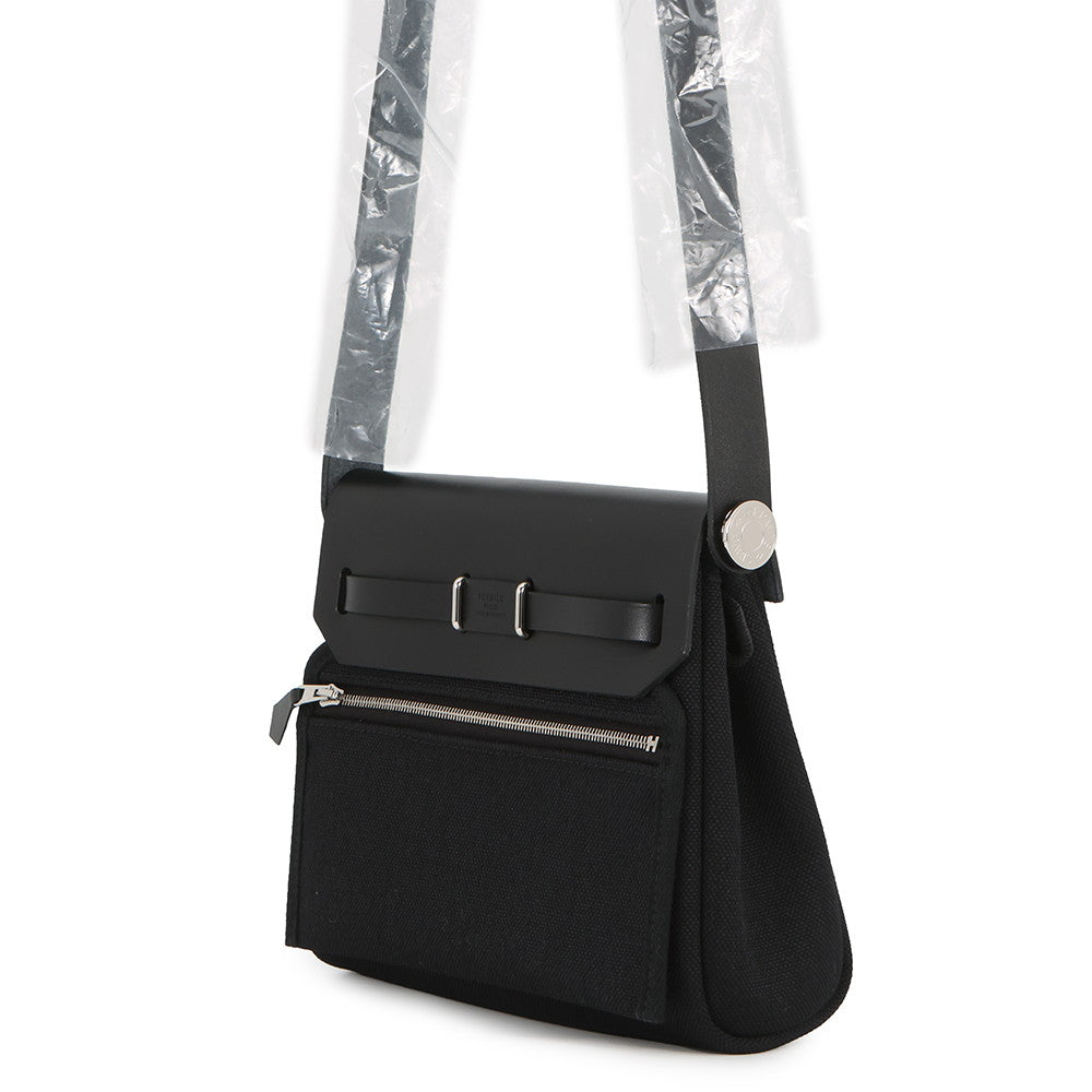 HERMES Herbag zip Black Toile H Vache Hunter Leather Size Mini