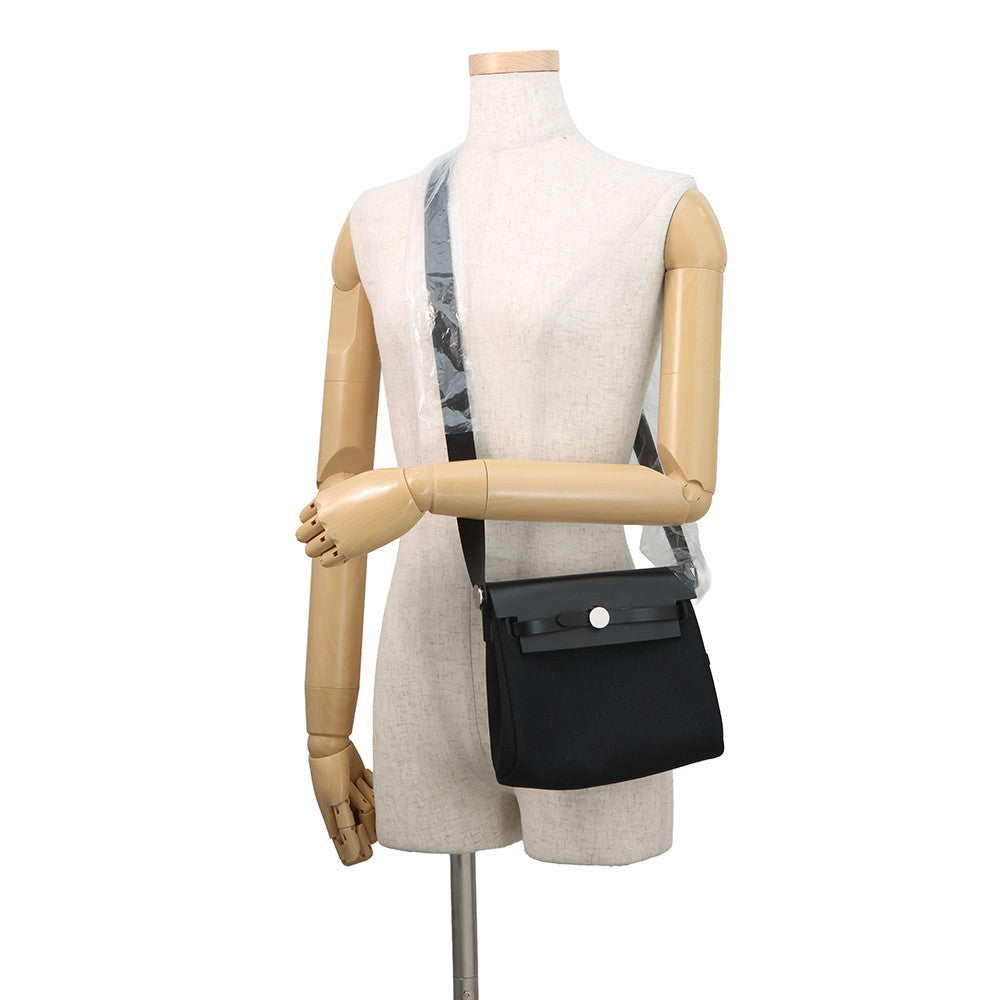 HERMES Herbag zip Black Toile H Vache Hunter Leather Size Mini