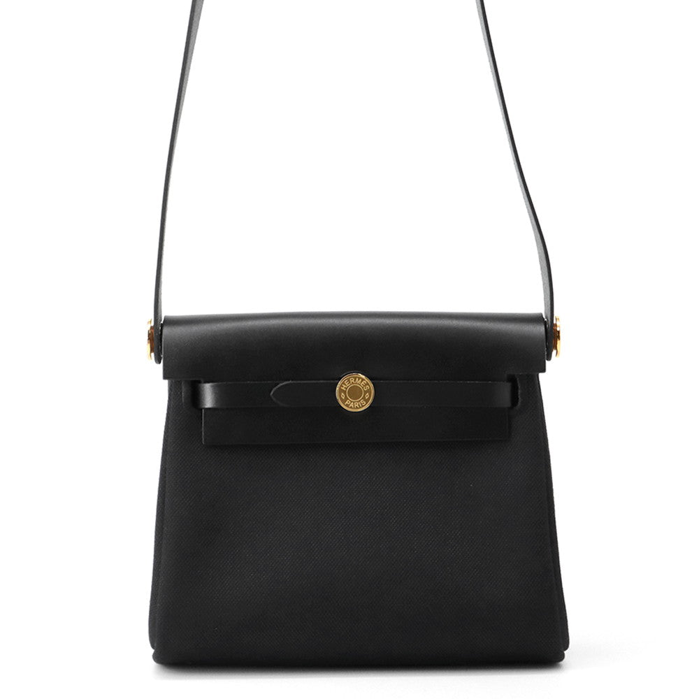 HERMES Herbag zip Black Toile H Vache Hunter Leather Size Mini