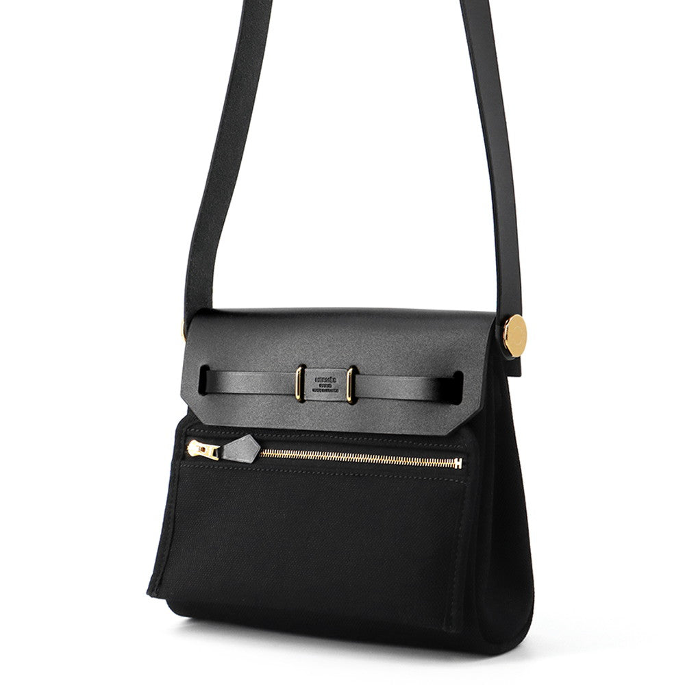 HERMES Herbag zip Black Toile H Vache Hunter Leather Size Mini