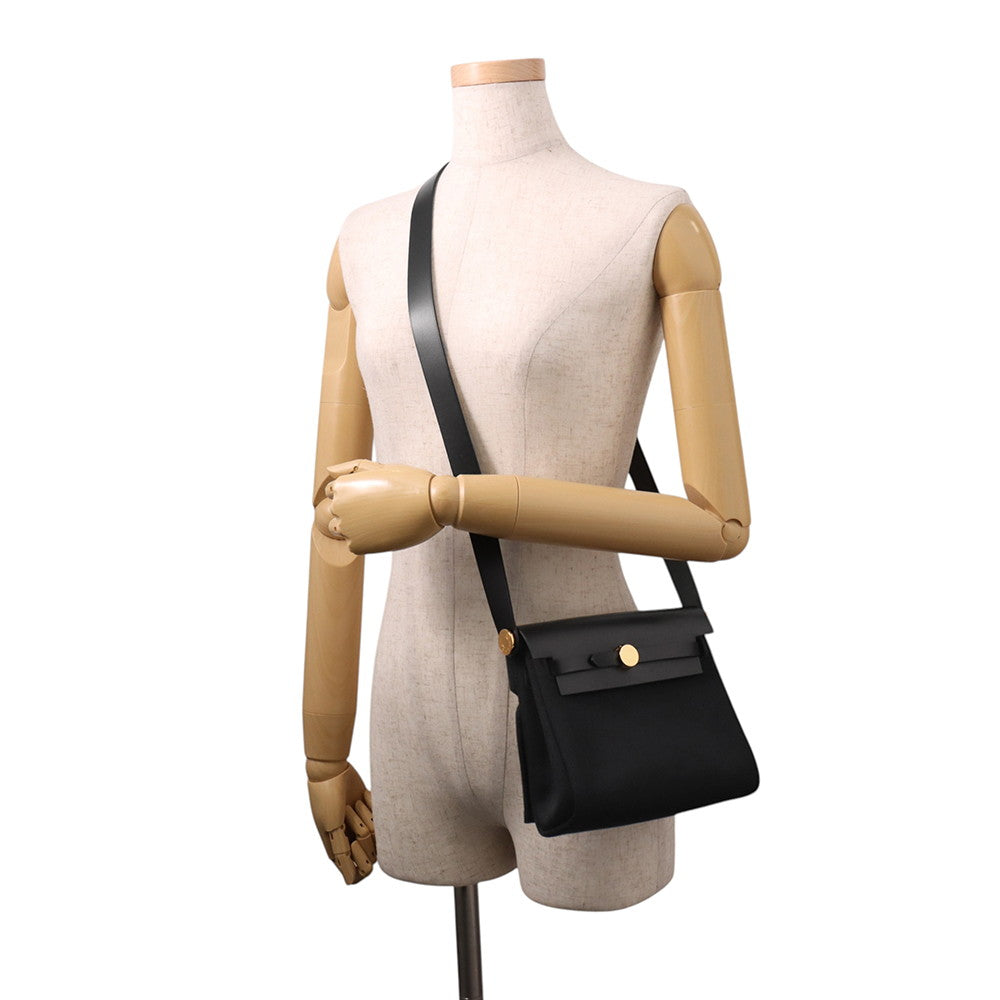 HERMES Herbag zip Black Toile H Vache Hunter Leather Size Mini