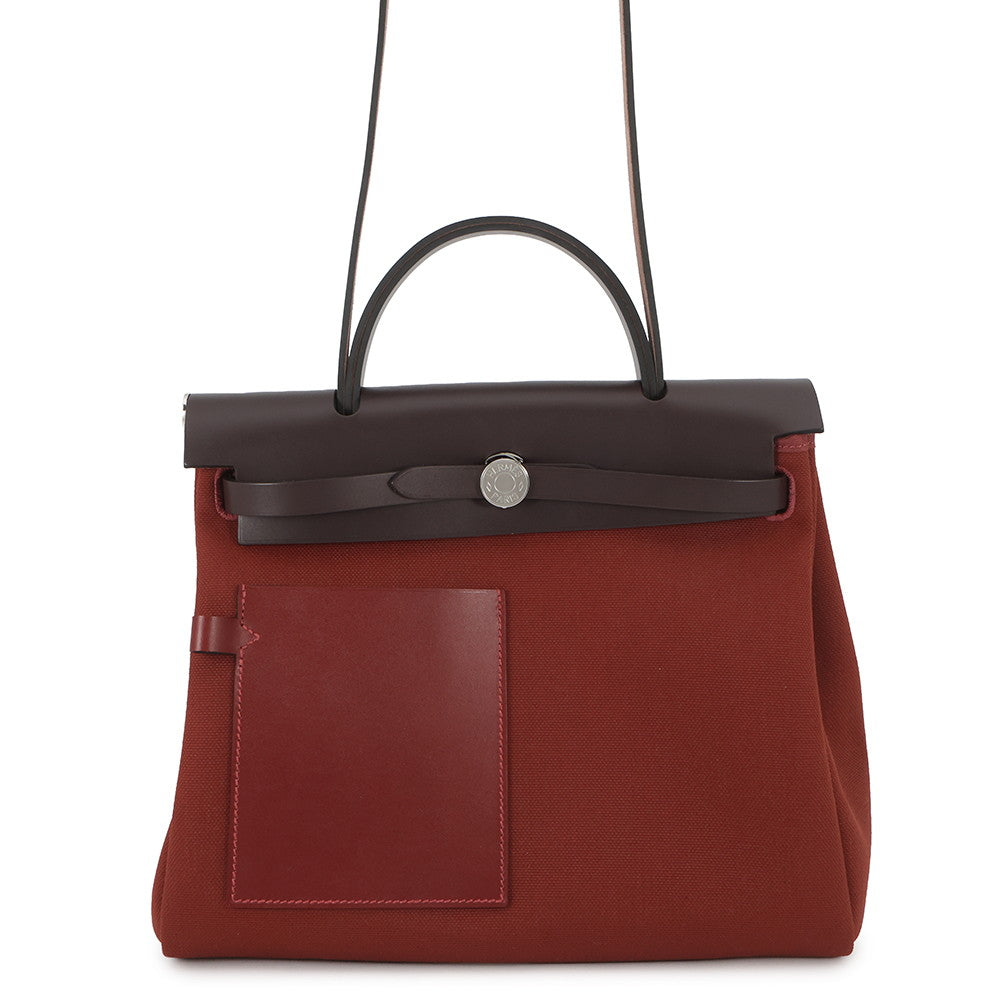 HERMES Herbag Zip Tournée Pocket Ebene/Rouge H Vache Hunter Leather Toile H Size PM