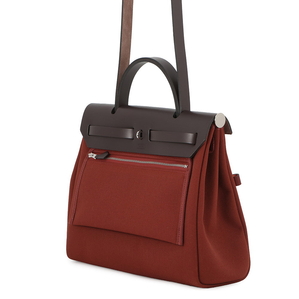 HERMES Herbag Zip Tournée Pocket Ebene/Rouge H Vache Hunter Leather Toile H Size PM