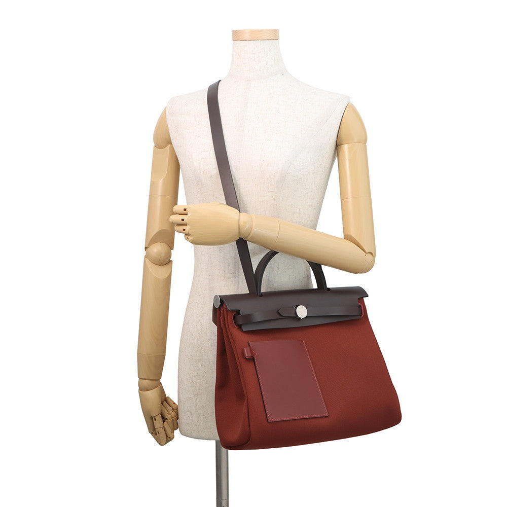 HERMES Herbag Zip Tournée Pocket Ebene/Rouge H Vache Hunter Leather Toile H Size PM