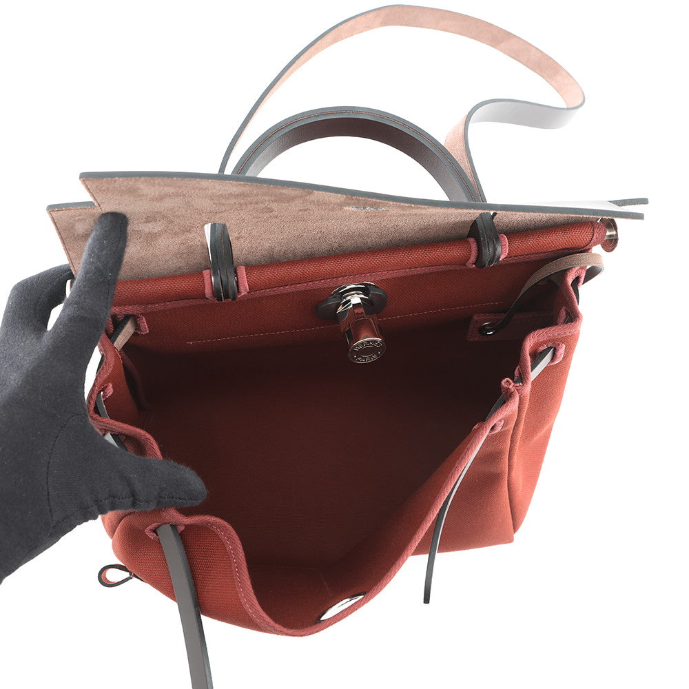 HERMES Herbag Zip Tournée Pocket Ebene/Rouge H Vache Hunter Leather Toile H Size PM