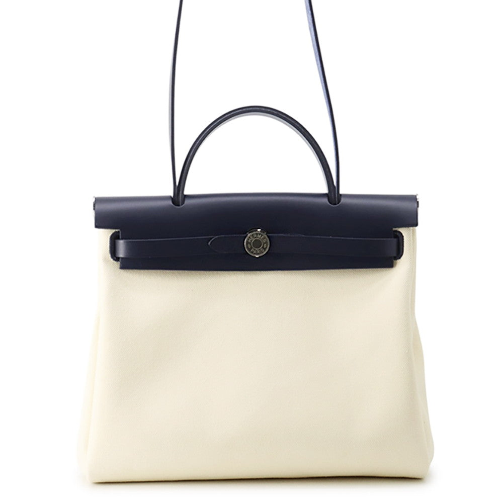 HERMES Herbag zip White/Blue Saphir Toile Military Vache Hunter Leather Size PM
