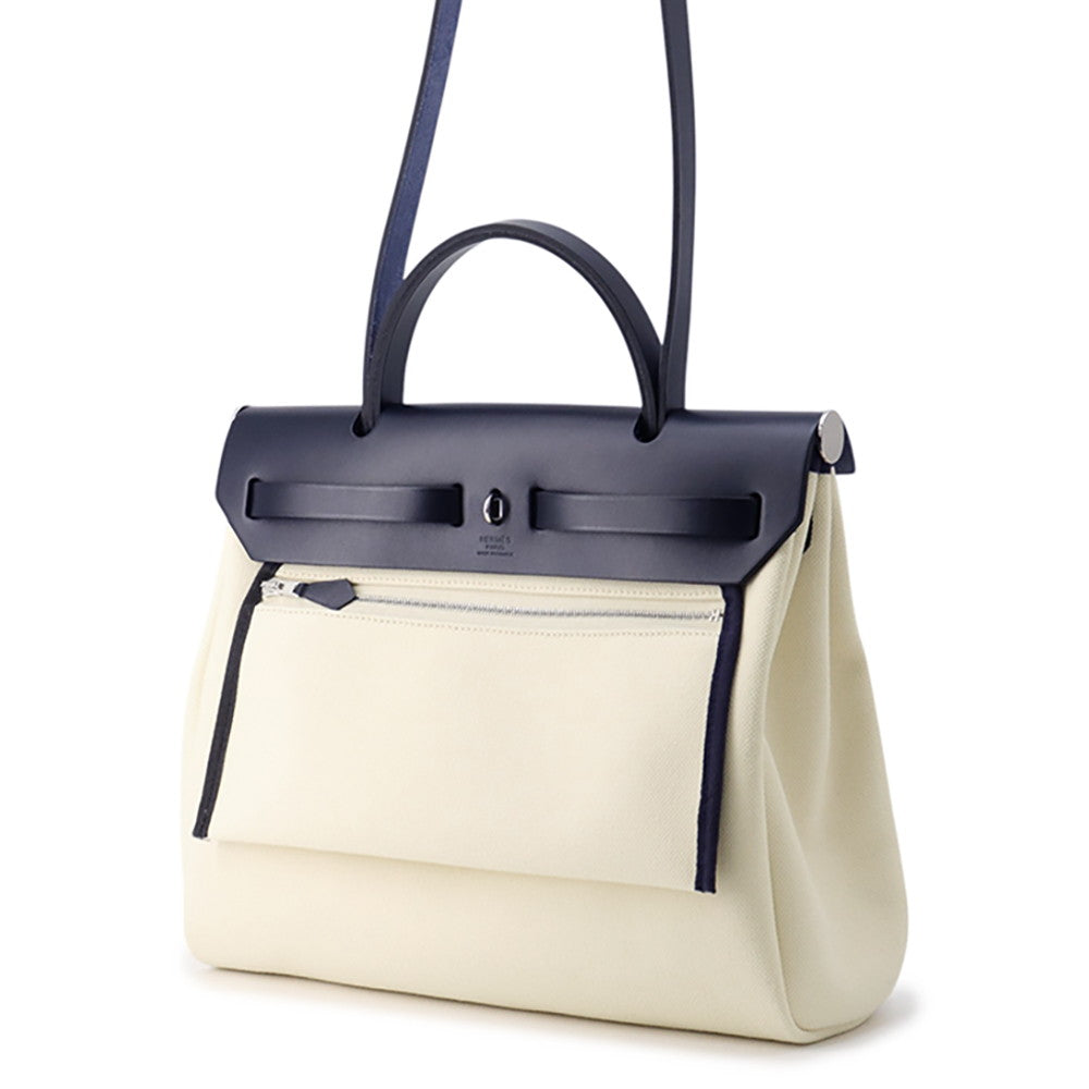 HERMES Herbag zip White/Blue Saphir Toile Military Vache Hunter Leather Size PM