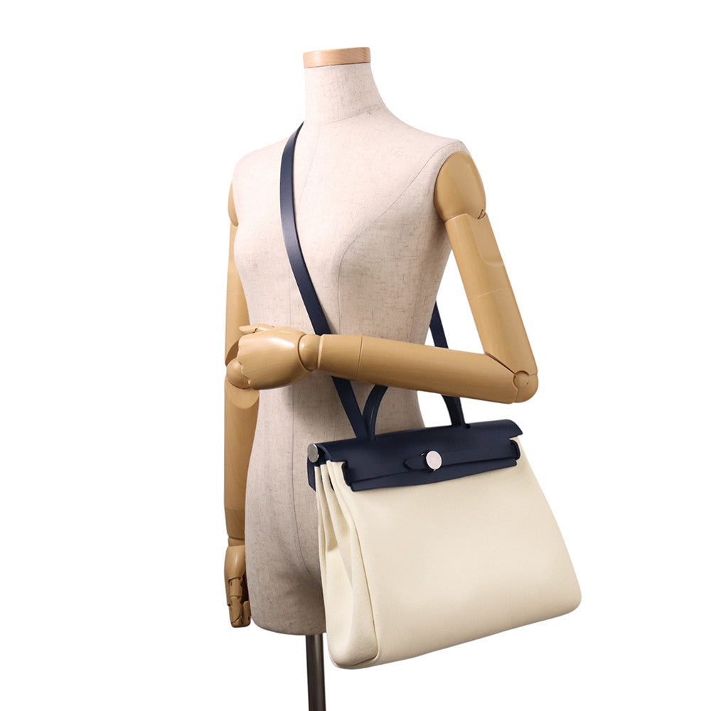 HERMES Herbag zip White/Blue Saphir Toile Military Vache Hunter Leather Size PM