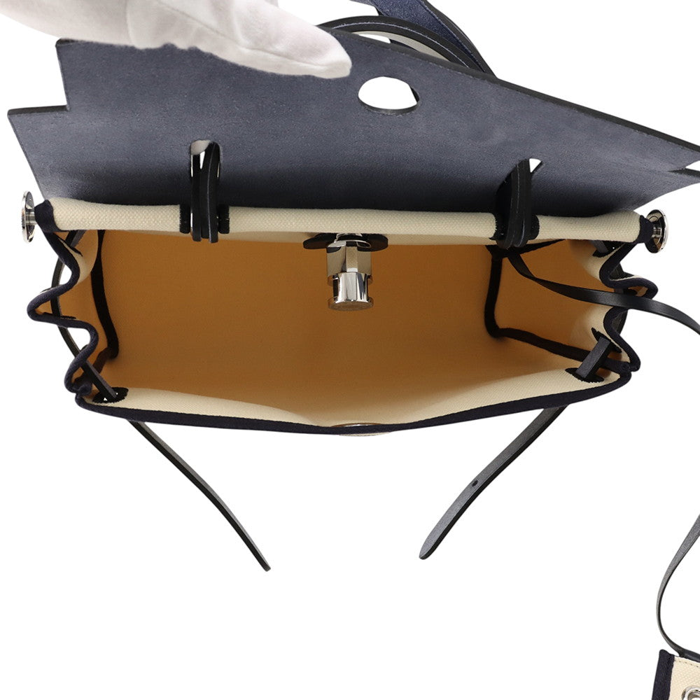 HERMES Herbag zip White/Blue Saphir Toile Military Vache Hunter Leather Size PM