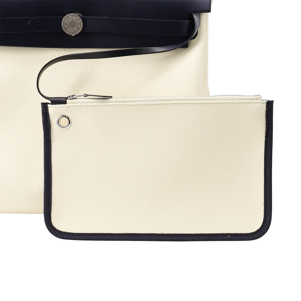 HERMES Herbag zip White/Blue Saphir Toile Military Vache Hunter Leather Size PM