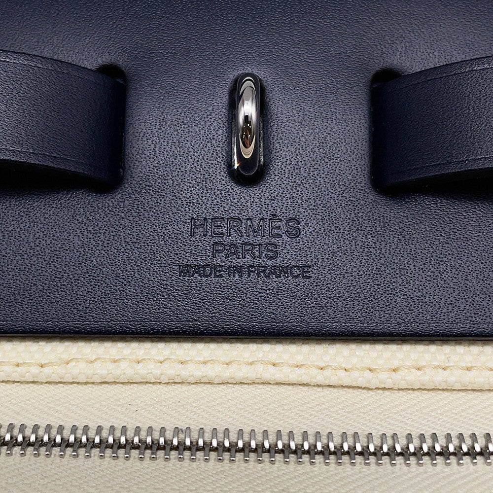 HERMES Herbag zip White/Blue Saphir Toile Military Vache Hunter Leather Size PM