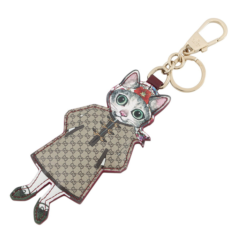 GUCCI Higuchi Yuko Cat Bag Charm Beige/Multicolor844246 GG Supreme Gold Plated