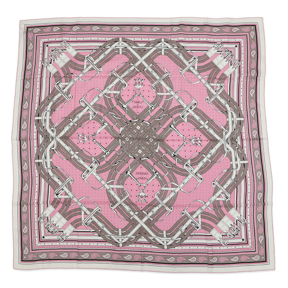 HERMES Carre Jean Mors A Jouets Size 140 Rose/Black/Etoupe Cashmere70% Silk30%