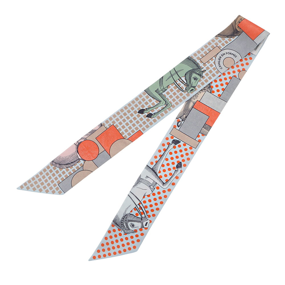 HERMES Twilly Cavalier en Formes Blue・Pearl/Corail/Gray Silk100%