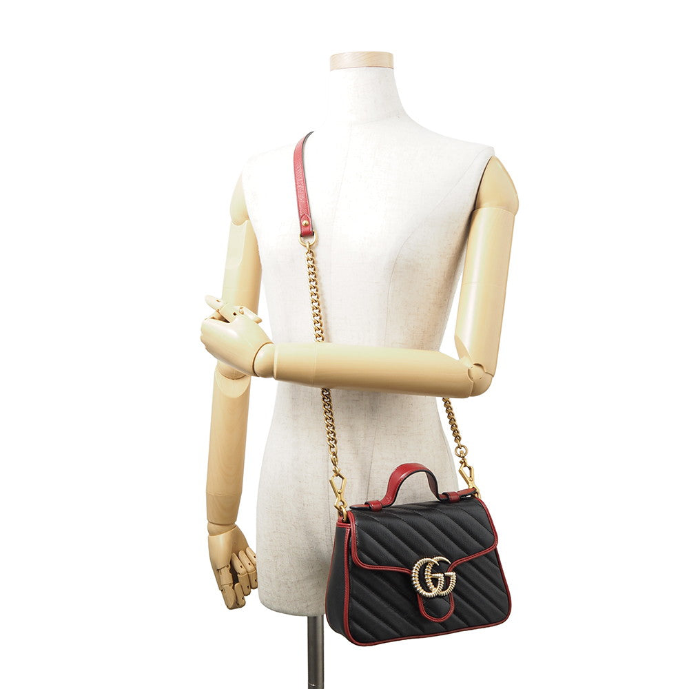 GUCCI GG Marmont Mini Top Handle Bag Black/Red583571 Leather