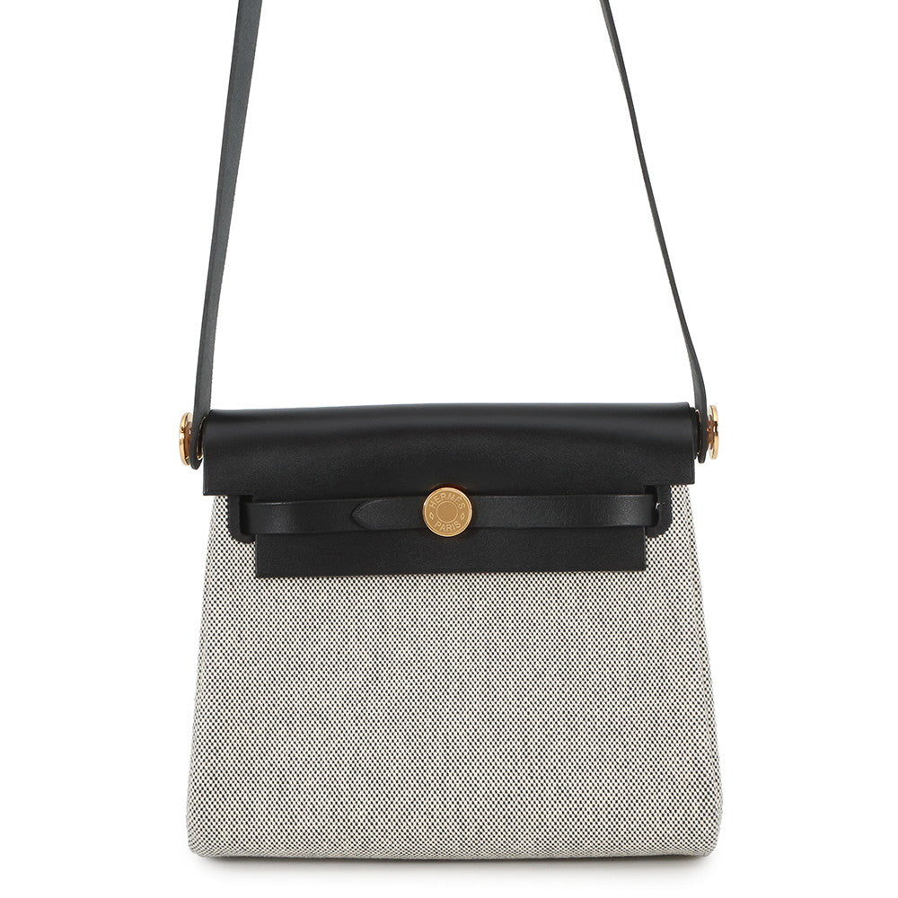 HERMES Herbag zip Ecru/Black Toile H Vache Hunter Leather Size Mini