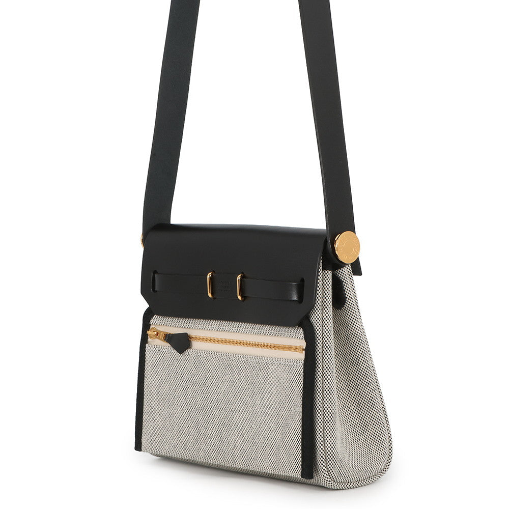 HERMES Herbag zip Ecru/Black Toile H Vache Hunter Leather Size Mini