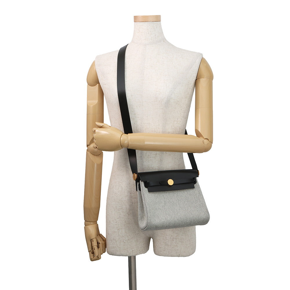 HERMES Herbag zip Ecru/Black Toile H Vache Hunter Leather Size Mini
