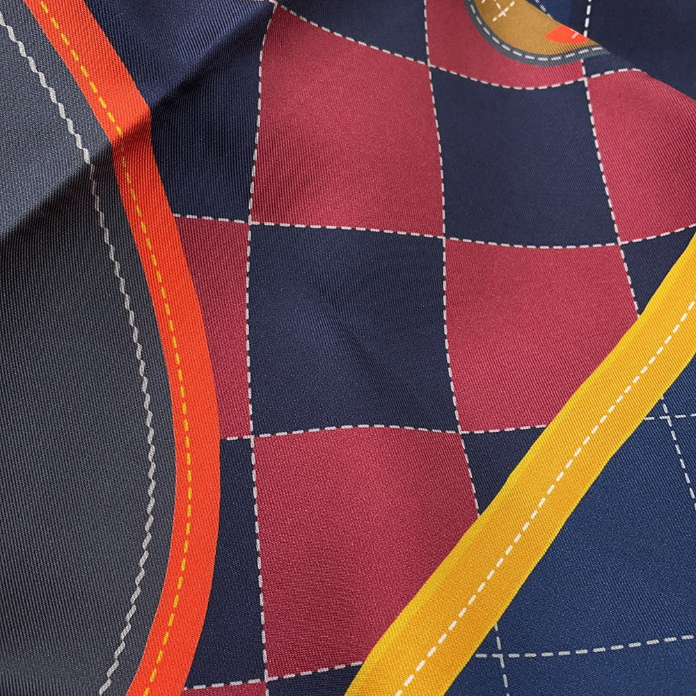 HERMES Carre Double Face Taps de Selle Size 90 Vert/Marine/Orange Silk100%