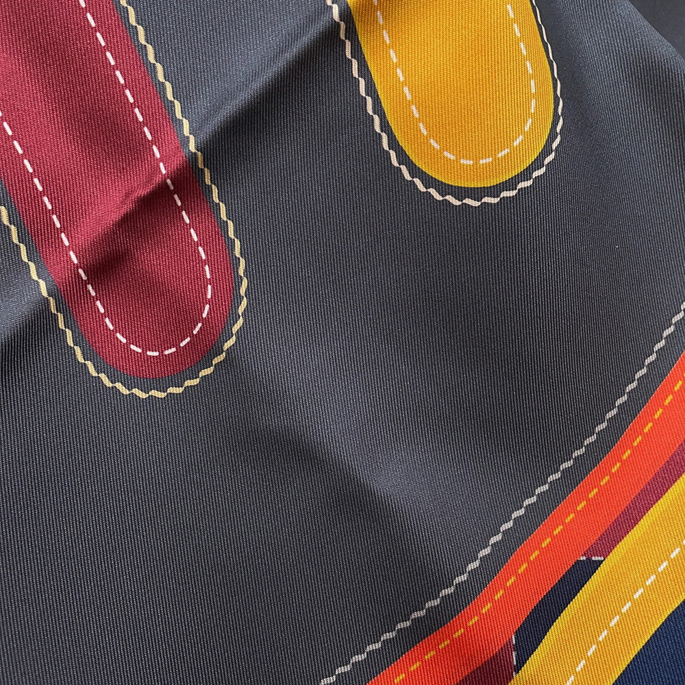 HERMES Carre Double Face Taps de Selle Size 90 Vert/Marine/Orange Silk100%