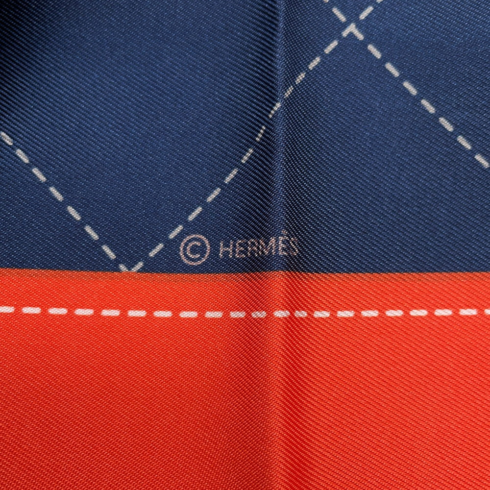 HERMES Carre Double Face Taps de Selle Size 90 Vert/Marine/Orange Silk100%