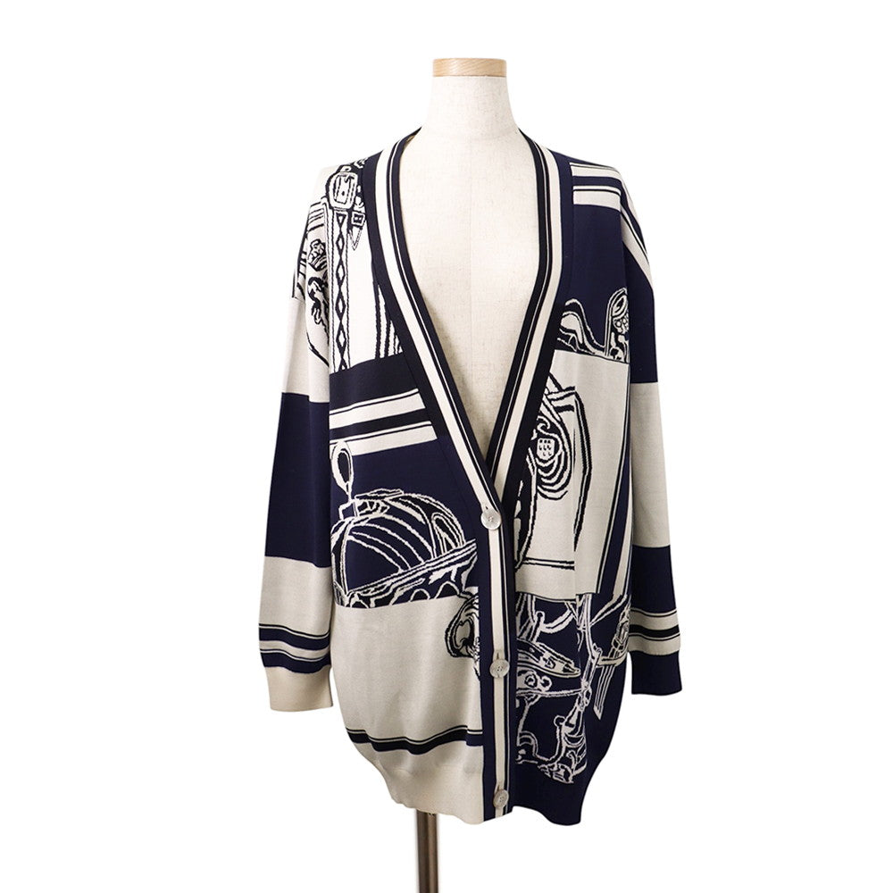 HERMES EN DESORDRE FINESSE BRIDE DE GALA Cardigan Size 40 White/Navy4E2727D6 Silk95% Nylon4% Polyurethane1%