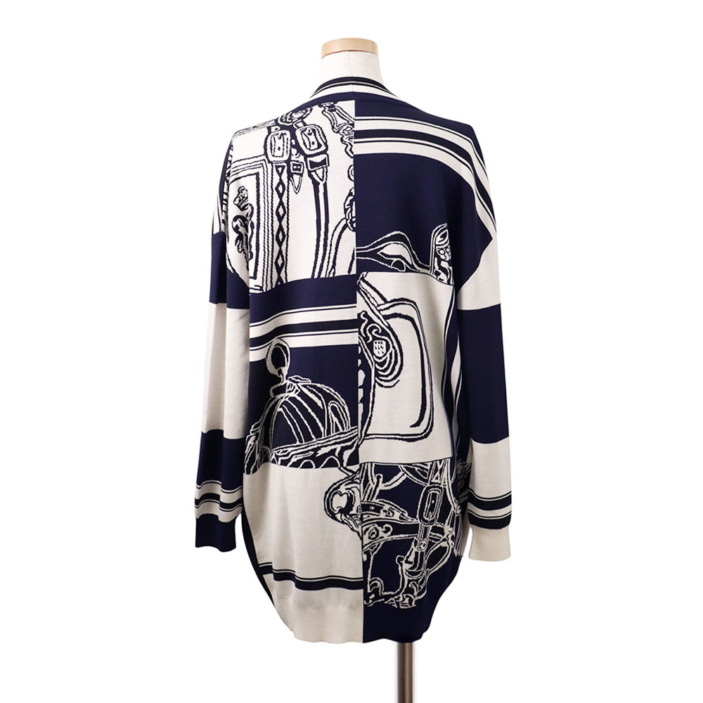 HERMES EN DESORDRE FINESSE BRIDE DE GALA Cardigan Size 40 White/Navy4E2727D6 Silk95% Nylon4% Polyurethane1%