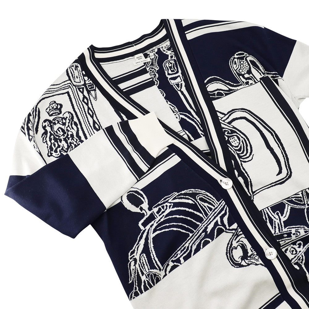 HERMES EN DESORDRE FINESSE BRIDE DE GALA Cardigan Size 40 White/Navy4E2727D6 Silk95% Nylon4% Polyurethane1%