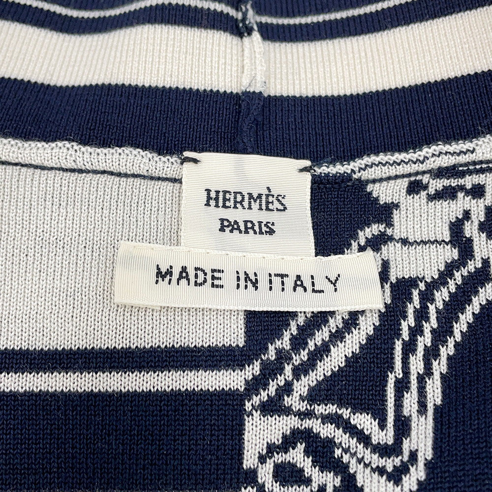 HERMES EN DESORDRE FINESSE BRIDE DE GALA Cardigan Size 40 White/Navy4E2727D6 Silk95% Nylon4% Polyurethane1%