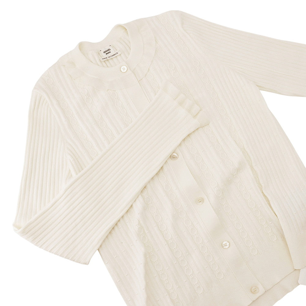 HERMES Long-sleeved cardigan with ruffle detail Size 40 Blanc Naturel6E2738DI Silk50% Cotton38% Nylon9% Elastine3%