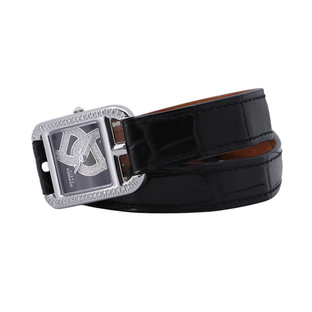 HERMES Cape Cod Double Tour Chaine d'Ancre Diamond Bezel H33mm×W23mm Stainless Steel Leather Black DialCC1.330