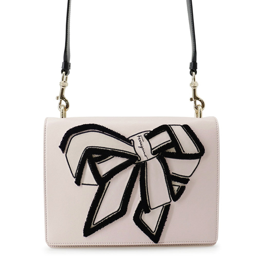 Ferragamo Ribbon Pattern Flap Shoulder Bag Light Pink/Black21G906 Leather