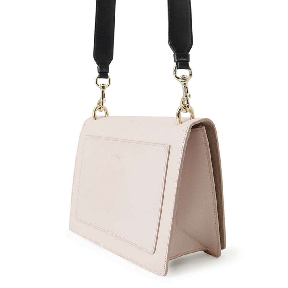 Ferragamo Ribbon Pattern Flap Shoulder Bag Light Pink/Black21G906 Leather