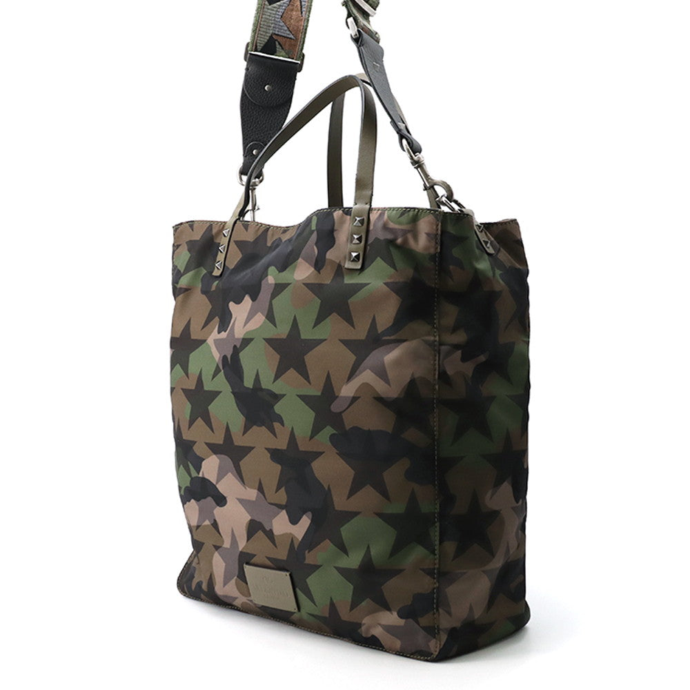 Valentino Garavani Rock Studded Camouflage Star Pattern 2-Way Tote Khaki/MulticolorLY2B0473NY0_A63 Nylon Leather