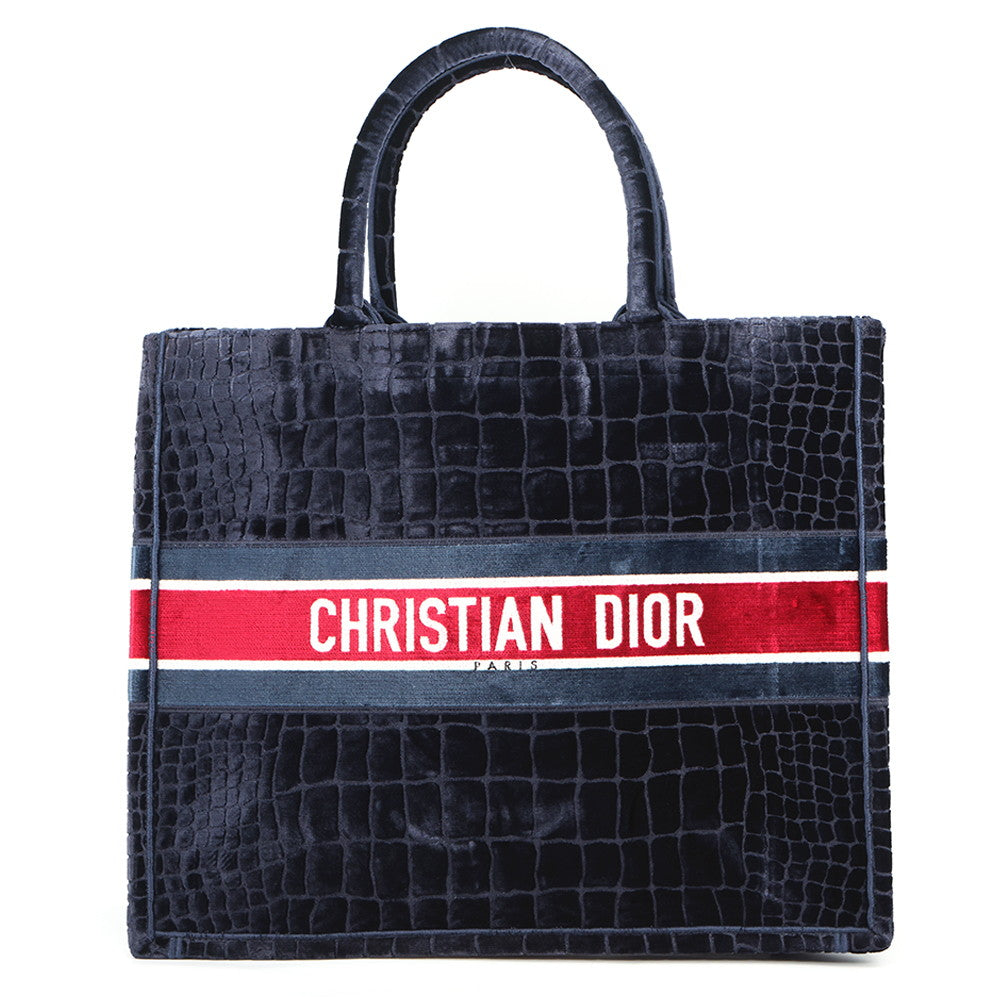 Dior Book Tote Bag (Fake Crocodile) Navy/Red/White suede Size Large