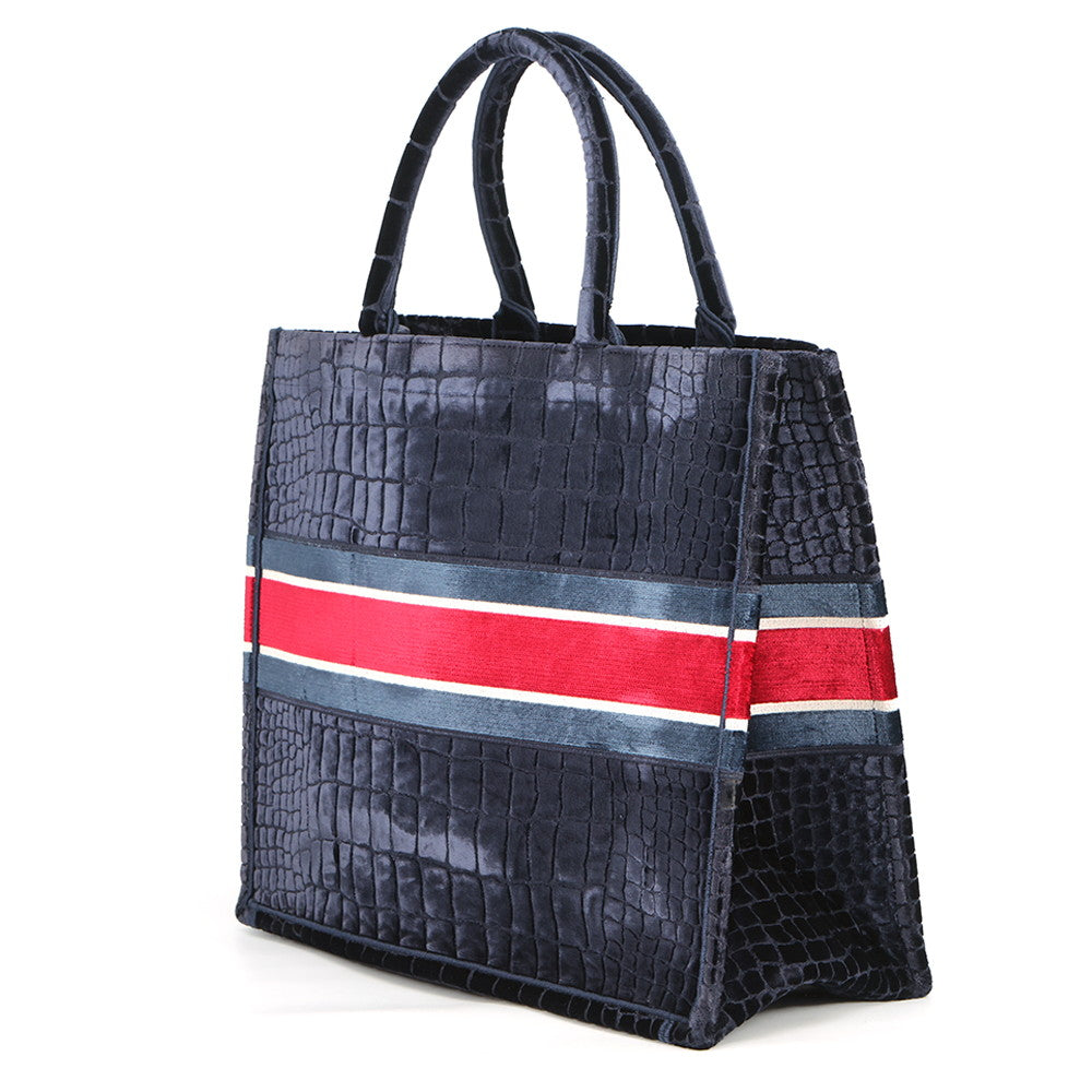 Dior Book Tote Bag (Fake Crocodile) Navy/Red/White suede Size Large