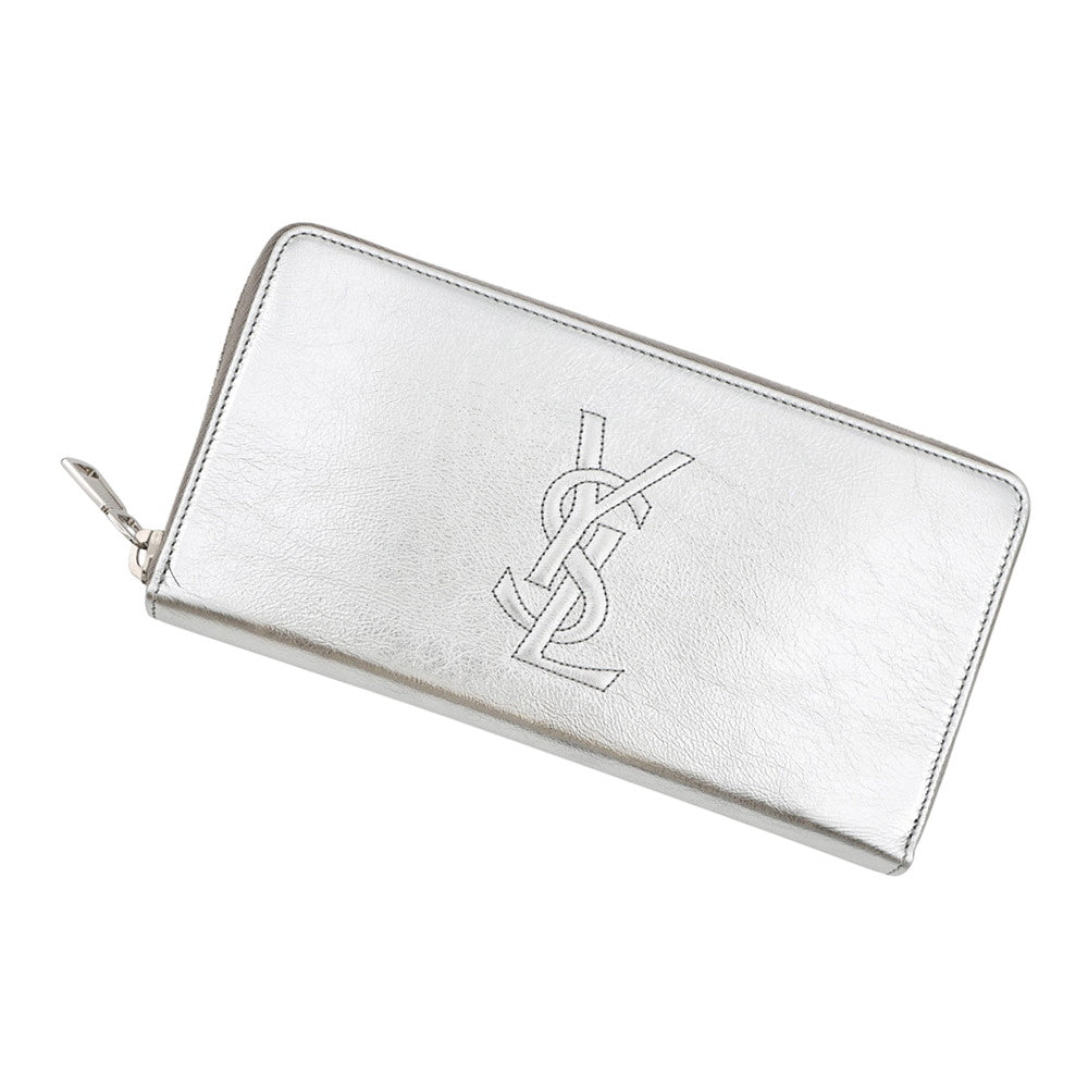 SAINT LAURENT PARIS Logo Zip Around Long Wallet Cloth Silver352904 Leather