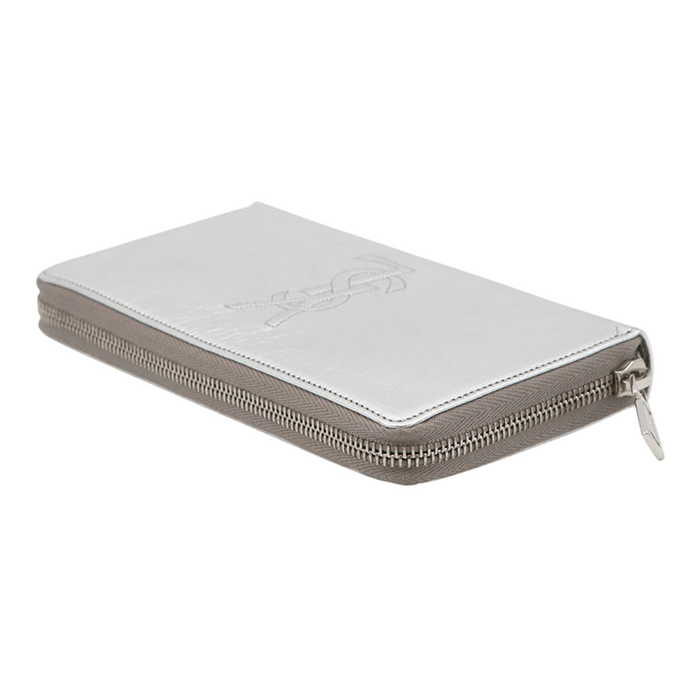 SAINT LAURENT PARIS Logo Zip Around Long Wallet Cloth Silver352904 Leather