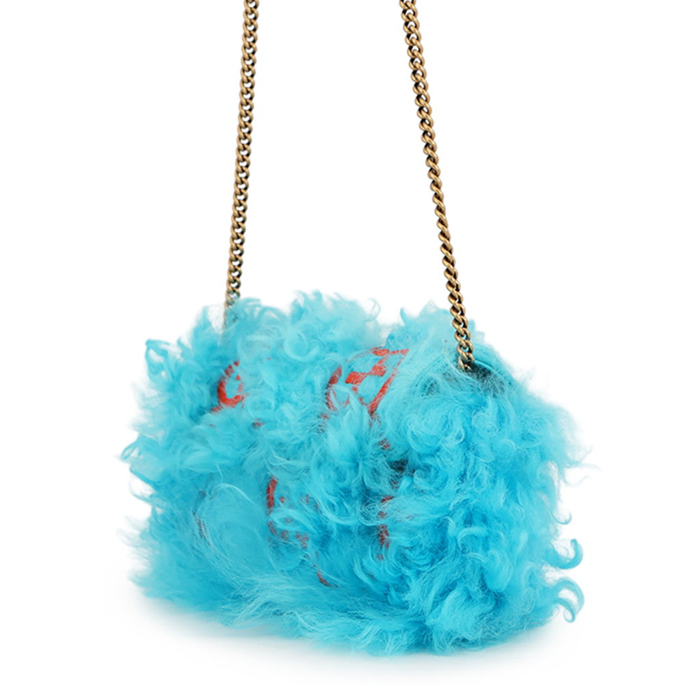 GUCCI GG Marmont ChainShoulder Light Blue/Orange476433 Fur Embroidery