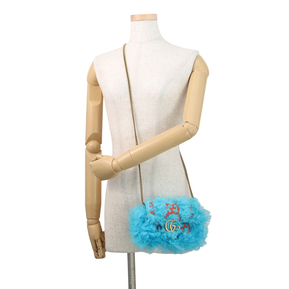 GUCCI GG Marmont ChainShoulder Light Blue/Orange476433 Fur Embroidery