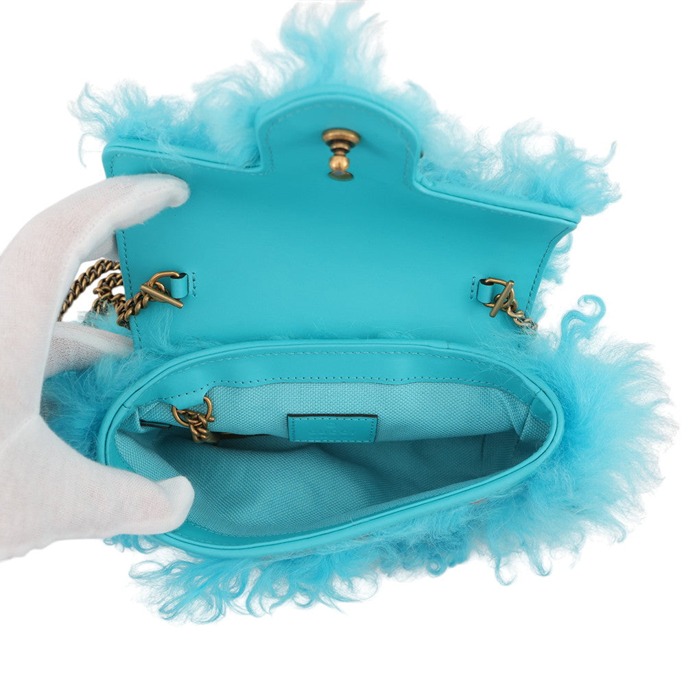 GUCCI GG Marmont ChainShoulder Light Blue/Orange476433 Fur Embroidery