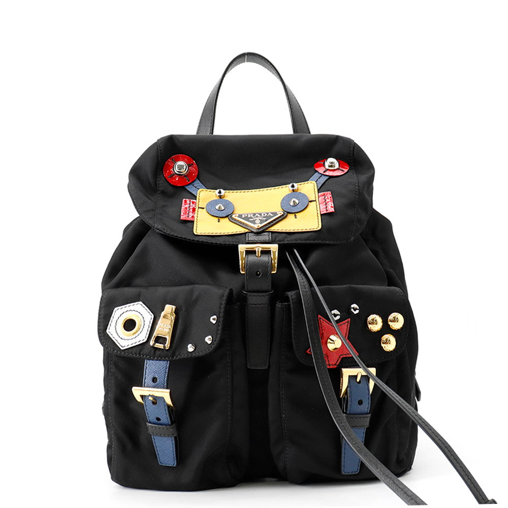PRADA Robot Backpack Black/Multicolor1BZ677 Nylon Saffiano Leather Size Small