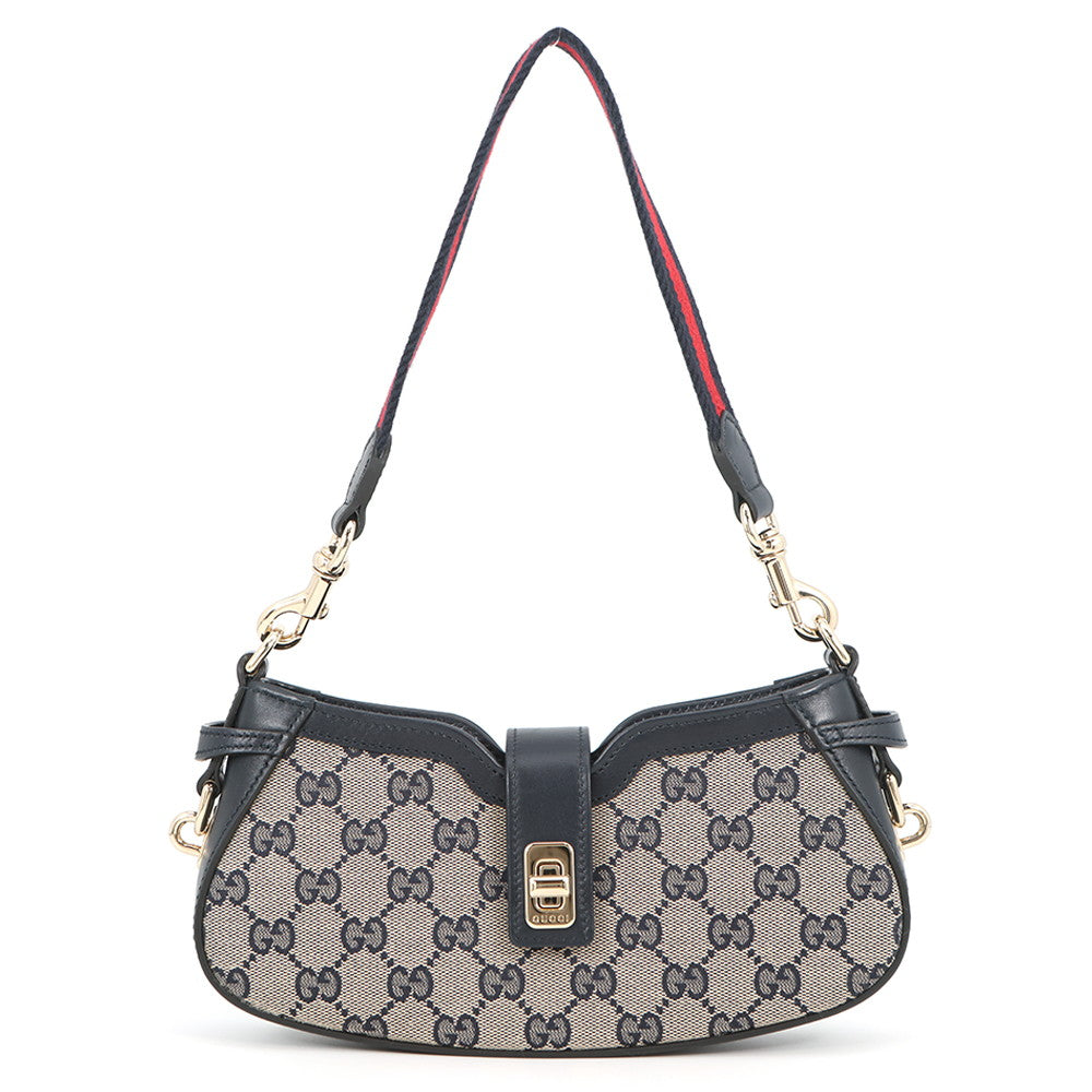 GUCCI GG Canvas Moonside Mini Shoulder Bag Navy/Beige786015 GG Canvas Leather Size Mini