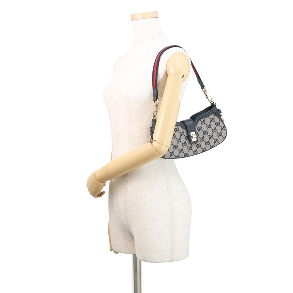 GUCCI GG Canvas Moonside Mini Shoulder Bag Navy/Beige786015 GG Canvas Leather Size Mini