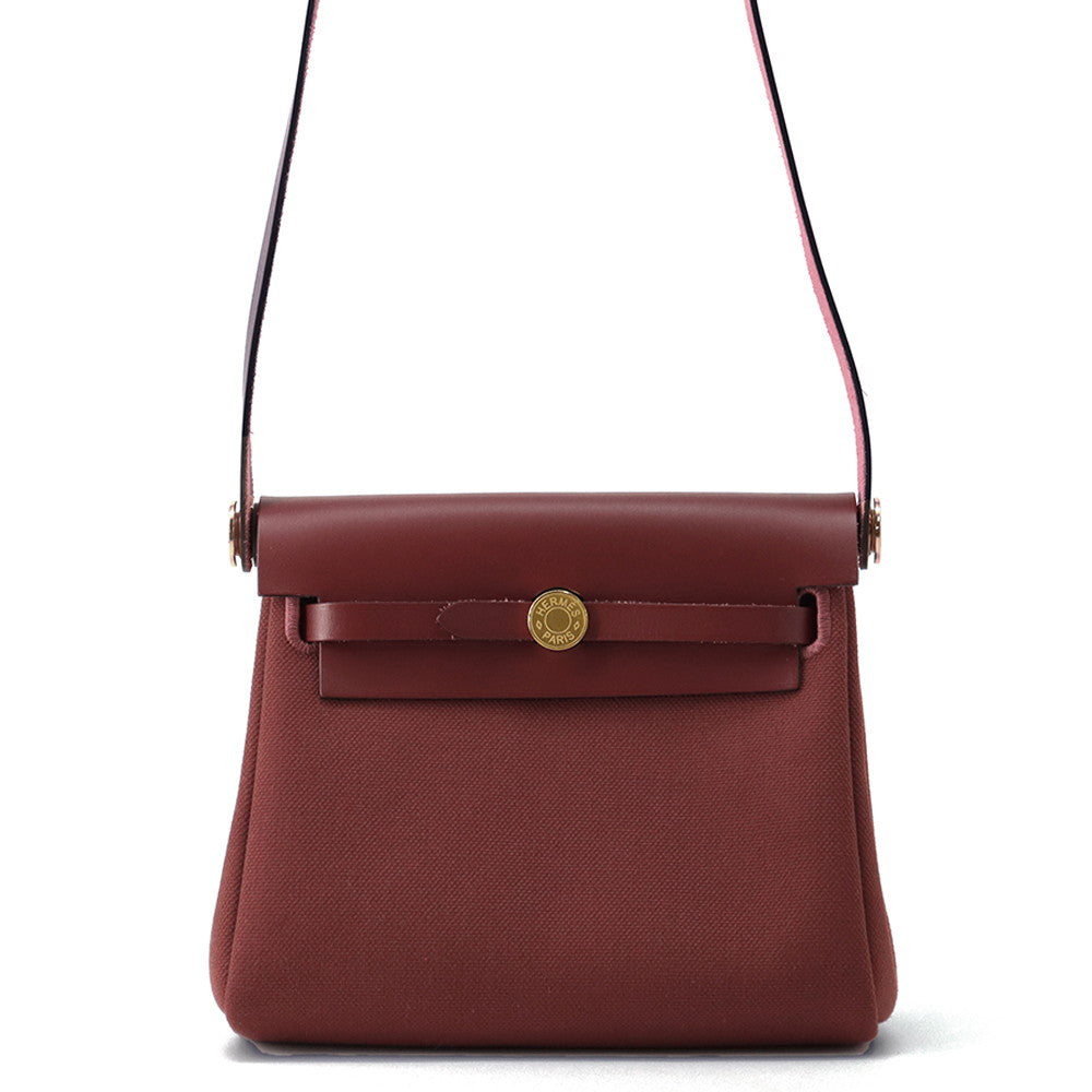 HERMES Herbag zip Rouge H Toile Military Vache Hunter Leather Size Mini